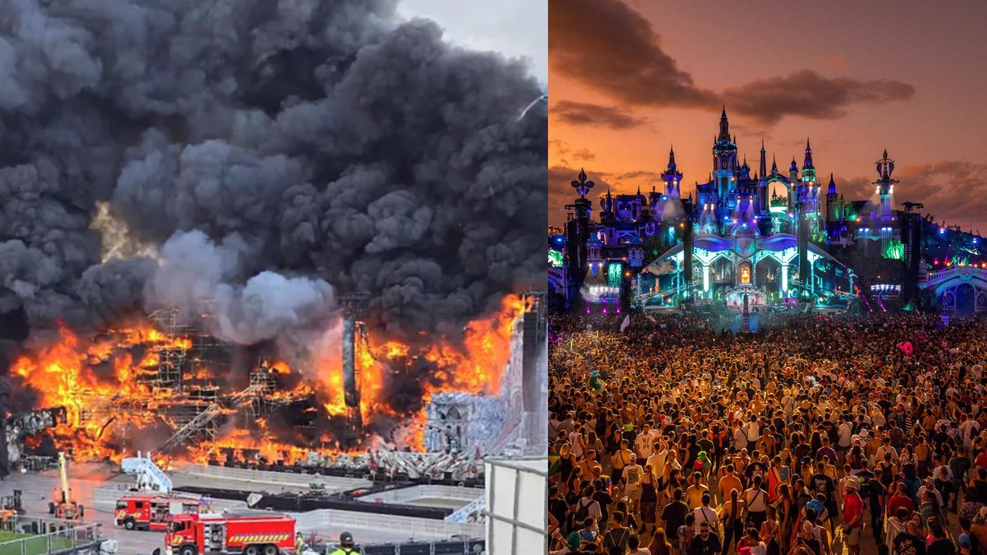 حريق هائل يلتهم مسرح مهرجان “تومورولاند” الشهير في بلجيكا (فيديو)